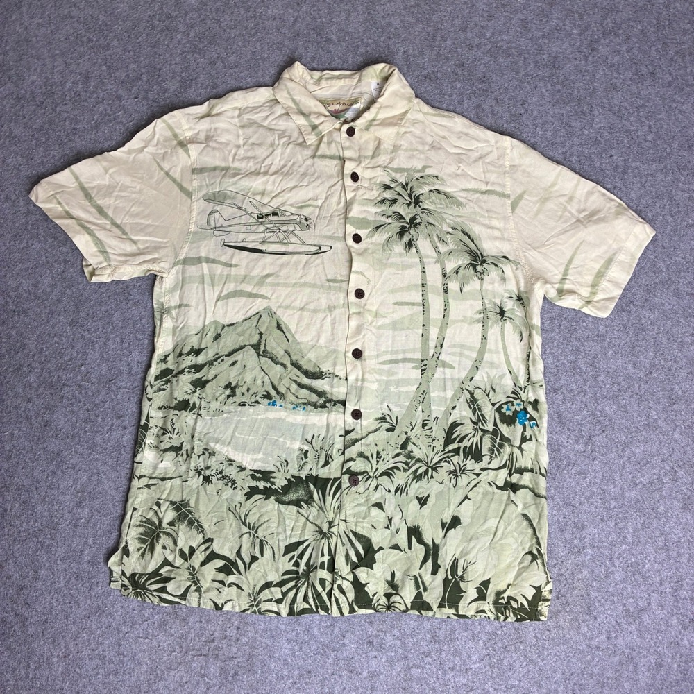 Island Fever Mens M Tropical Seaplane Palm Tree Button Down Shirt Cream Green